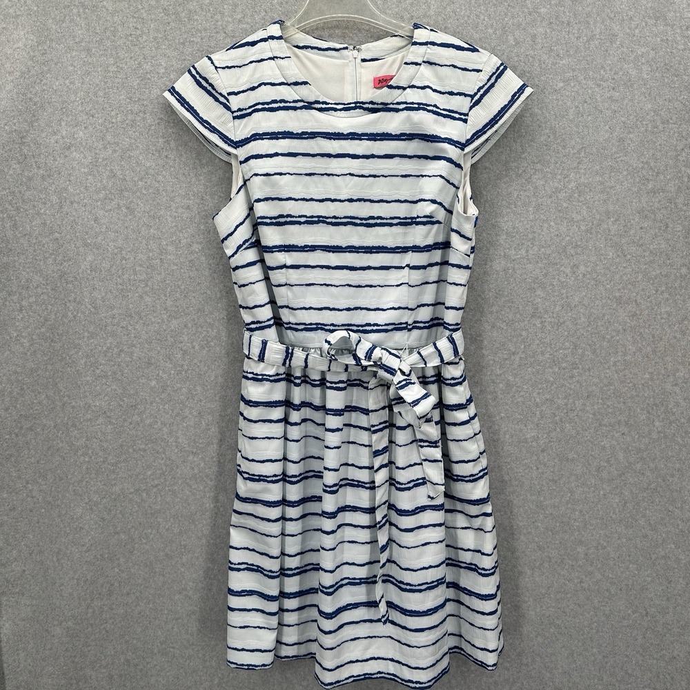 Betsey Johnson Womens White Blue Stripe Fit & Flare Belt Dress A-line Pockets 12